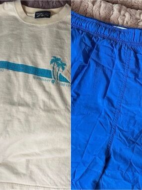 2pcWomen's Electric Blue Athletic Shorts with Elastic Waist and Cream Tee shirt